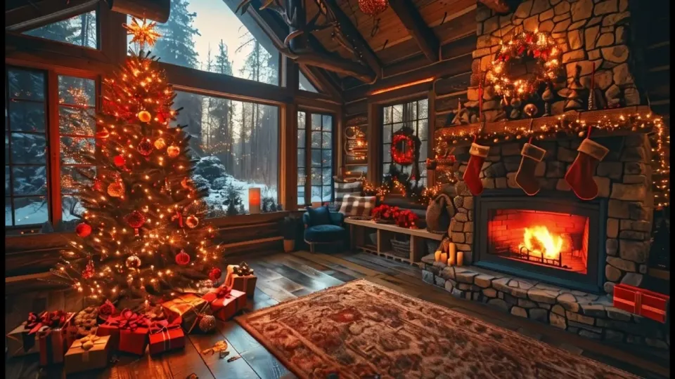 Cozy Christmas Cabin Ambience 🎄☕ Relaxing Jazz Music with Fireplace Sounds & Snowfall for Sleep