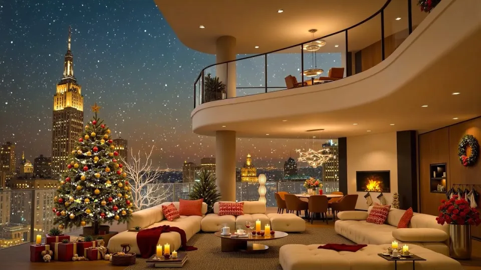 Cozy Balcony Apartment with Christmas Jazz Music & Crackling Fireplace and Snowfall for Relax