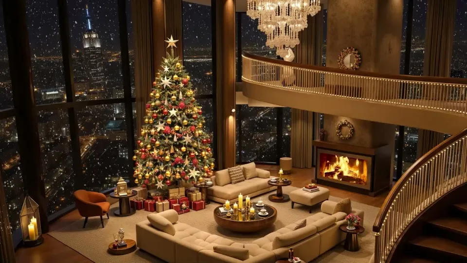 Cozy Christmas Night in Luxurious Apartment in New York ~ Christmas Jazz, Fireplace Sounds for Sleep